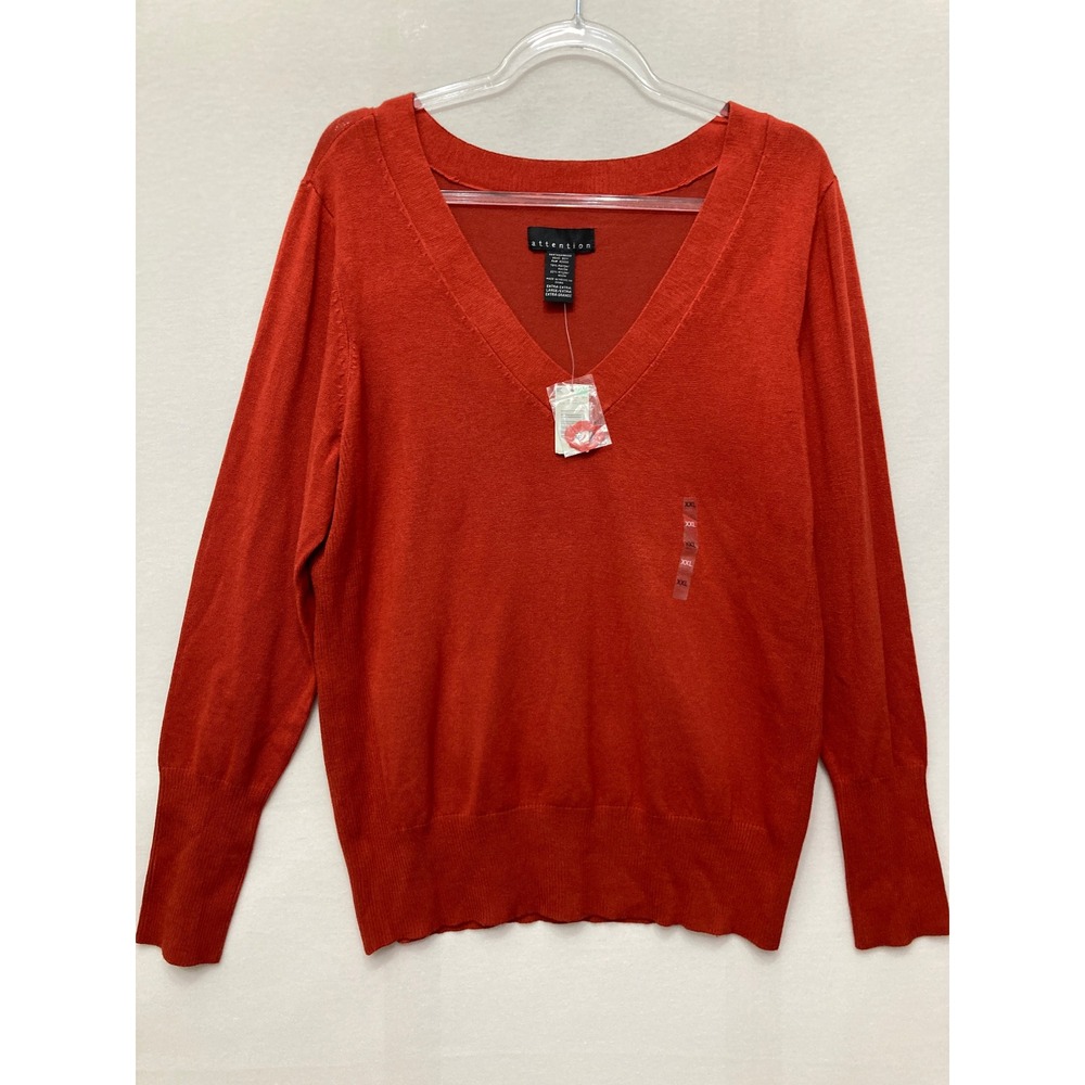 New Attention V-Neck Sweater XXL Orange Red Rayon Blend Pullover Knit Top